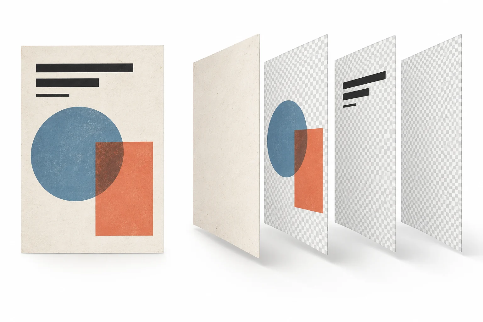Concept illustration of a flat graphic separated into background, artwork, and text planes